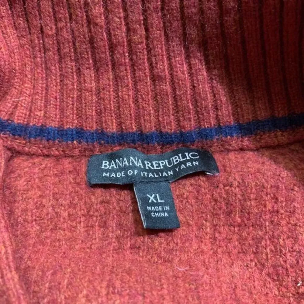 Banana Republic Sweater Mens XL Red Italian Yarn‎ Wool Button Mock Neck Pullover